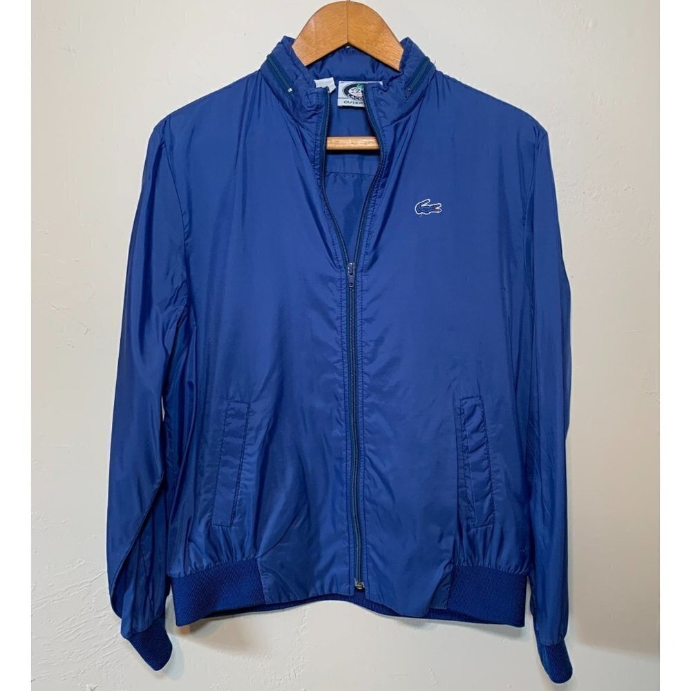 Vintage Izod Lacoste Full Zip Nylon Windbreaker Womens Large Stow Away Hood Blue